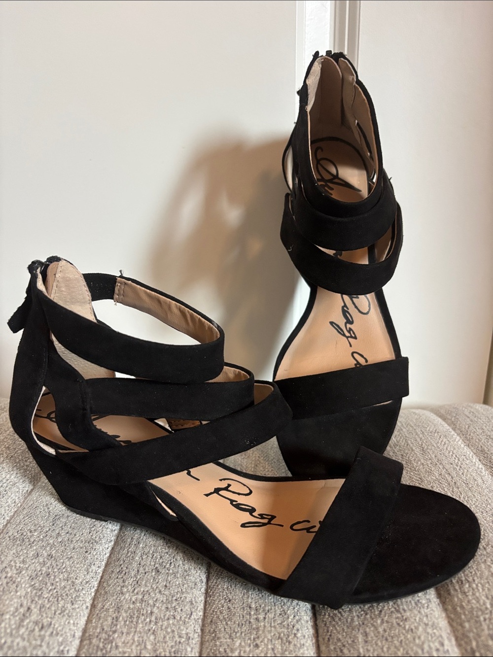 American  Rag Black Suede Ankle-Wrap Wedge Sandals 8.5
